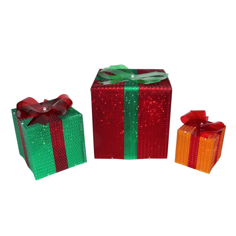 Northlight Set of 3 Lighted Glistening Gift Box and Bow Outdoor Christmas Decoration, 1 of 4