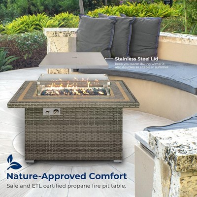 Brown Wicker Propane Gas Fire Pit Table with Tile Top