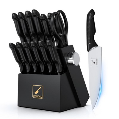 imarku Knife Set with Block, Sharp Knives Set with Sharpener, Stainless Steel Kitchen Knife Set Ergonomic Handle, Dishwasher Safe, 14 PCS, Black