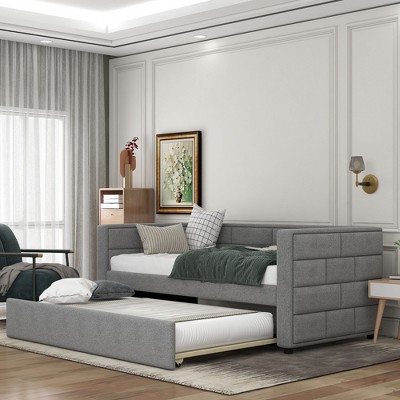 NicBex Twin Size Daybed Upholstered Fabric Daybed with Trundle Convertible Sofa Bed with Padded Back for Bedrooms. Gray