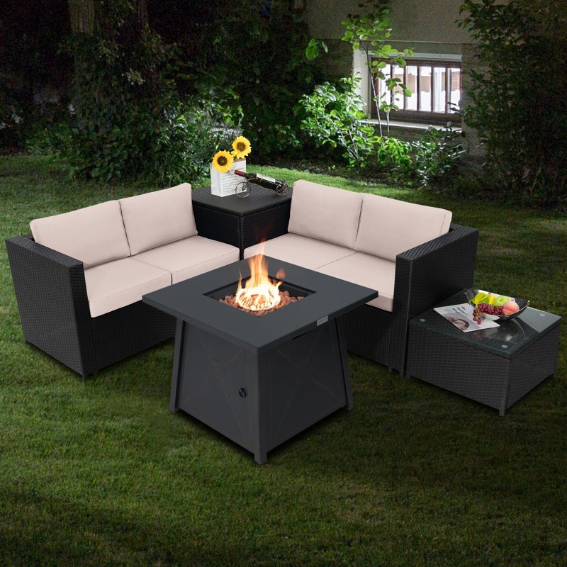 Tangkula 5-Piece Outdoor Patio Furniture Set with 50,000 BTU Propane Fire Pit Table Patio Conversation Set w/ Cushions, Storage Box, Coffee Table, 3 of 11
