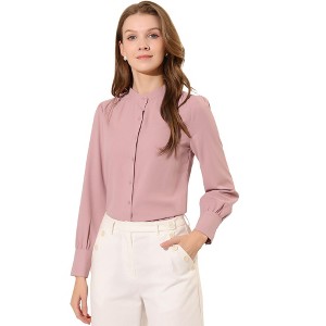 INSPIRE CHIC Women's Mandarin Collar Office Long Sleeve Button Down Shirt - 1 of 4