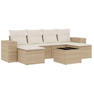 vidaXL 7 Piece Patio Sofa Set with Cushions Beige and Cream Poly Rattan - With Table