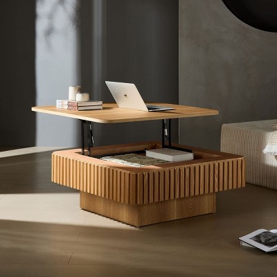 Modern 35" Wood Lift Top Coffee Table with Hidden Storage, Square Drum MDF Wood Veneer Coffee Table for Living Room Bedroom - Coolbibila