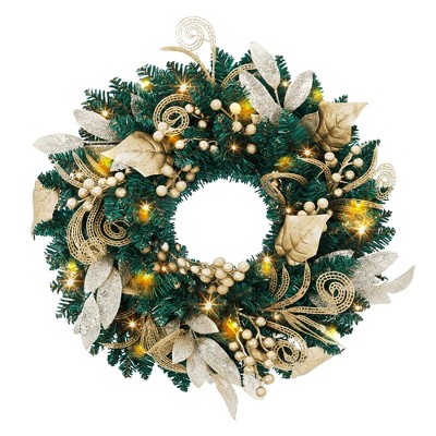 18 Inch Golden Christmas Wreath, Winter Wreath Artificial Christmas Tree Decorations Elegant Glittering Leaves and Berries