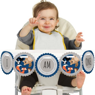 Big Dot of Happiness Stay Wild - Forest Animals 1st Birthday Highchair Decor - I Am One - First Birthday High Chair Banner