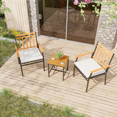Acacia Wood and Metal 3-Piece Patio Set with Off-White Cushions