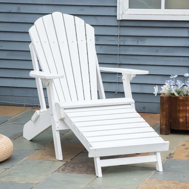 Outsunny Folding Adirondack Chair with Pull Out Ottoman, Outdoor Fir Wood Fire Pit Chair with Footrest, Porch Fanback Lounge for Patio, Garden, White, 3 of 7