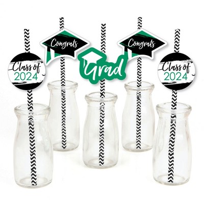 Big Dot of Happiness Green 2024 Graduation Paper Straw Decor - Party Striped Decorative Straws - Set of 24