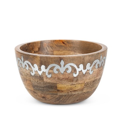 GG Collection Mango Wood with Metal Inlay Heritage Tall Serving Bowl.