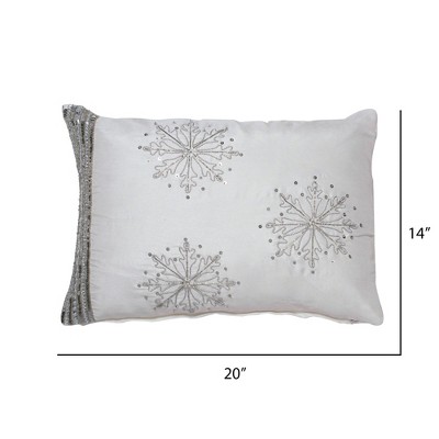 Luxurious White Polysilk Snowflake Pillow with Silver Sequins