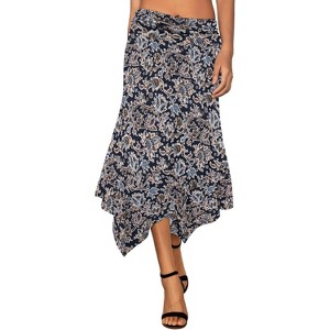 Women's Flowy Handkerchief Hem Midi Skirt - Asymmetric Boho Chic A-Line Skirt Blue Paisley - 1 of 4