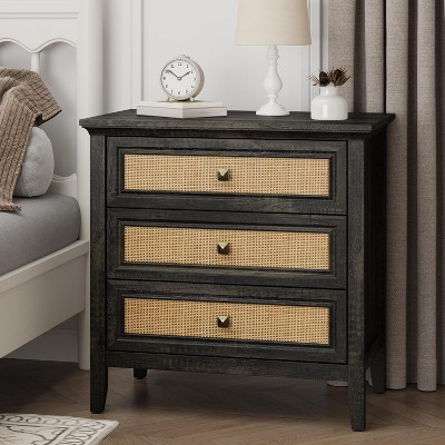 Heynemo  Dresser for Bedroom, Boho Tall Dresser with 3 Rattan Decorated Drawers, Modern Wood Chest of Drawers for Closet, Entryway