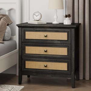 Heynemo  Dresser for Bedroom, Boho Tall Dresser with 3 Rattan Decorated Drawers, Modern Wood Chest of Drawers for Closet, Entryway - 1 of 2