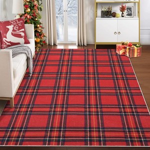Washable Xmas Buffalo Plaid Rug Non Slip Low Pile Rug Soft Xmas Plaid Floor Cover Foldable Indoor Carpet for Living Room Bedroom Playroom Nursery - 1 of 4