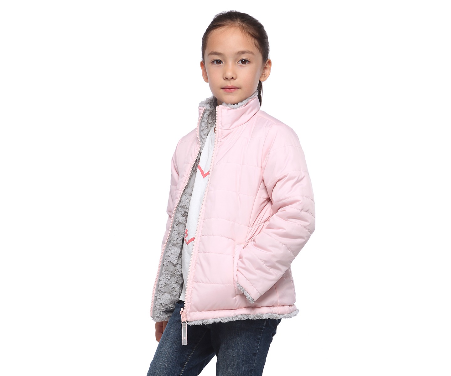 Куртка Rokka&Rolla Reversible Fleece Jacket Puffer Coat-Frost Gray/Chalk Pink, size 8 для девочек, цвет: Серый — фото 6