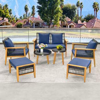 Costway 7 Piece Conversation Set Rattan Woven Chair Set with 2 Coffee Tables & 2 Ottomans