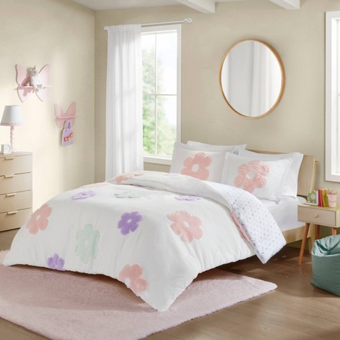 Full Queen Elle Floral Reversible Tufted Chenille Kids Duvet Cover Set White Purple Urban Habitat