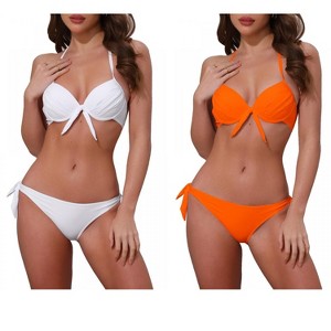 INSPIRE CHIC Women's Knot Twist Halter Double Straps Tie Back Bra Triangle Bottoms Swimwear Bikini Sets 2 Sets - 1 of 4