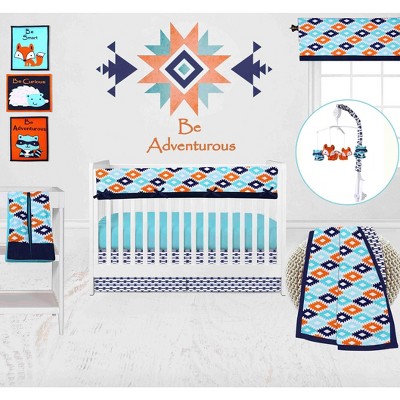 Bacati - Aztec Print Liam Aqua Orange Navy 10 pc Crib Bedding Set with Long Rail Guard Cover