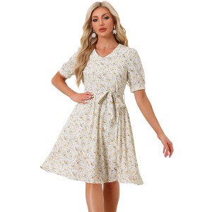 INSPIRE CHIC Women's Vintage Floral Peter Pan Collar High Waist Puff Sleeve A-line Midi Dress - 1 of 4