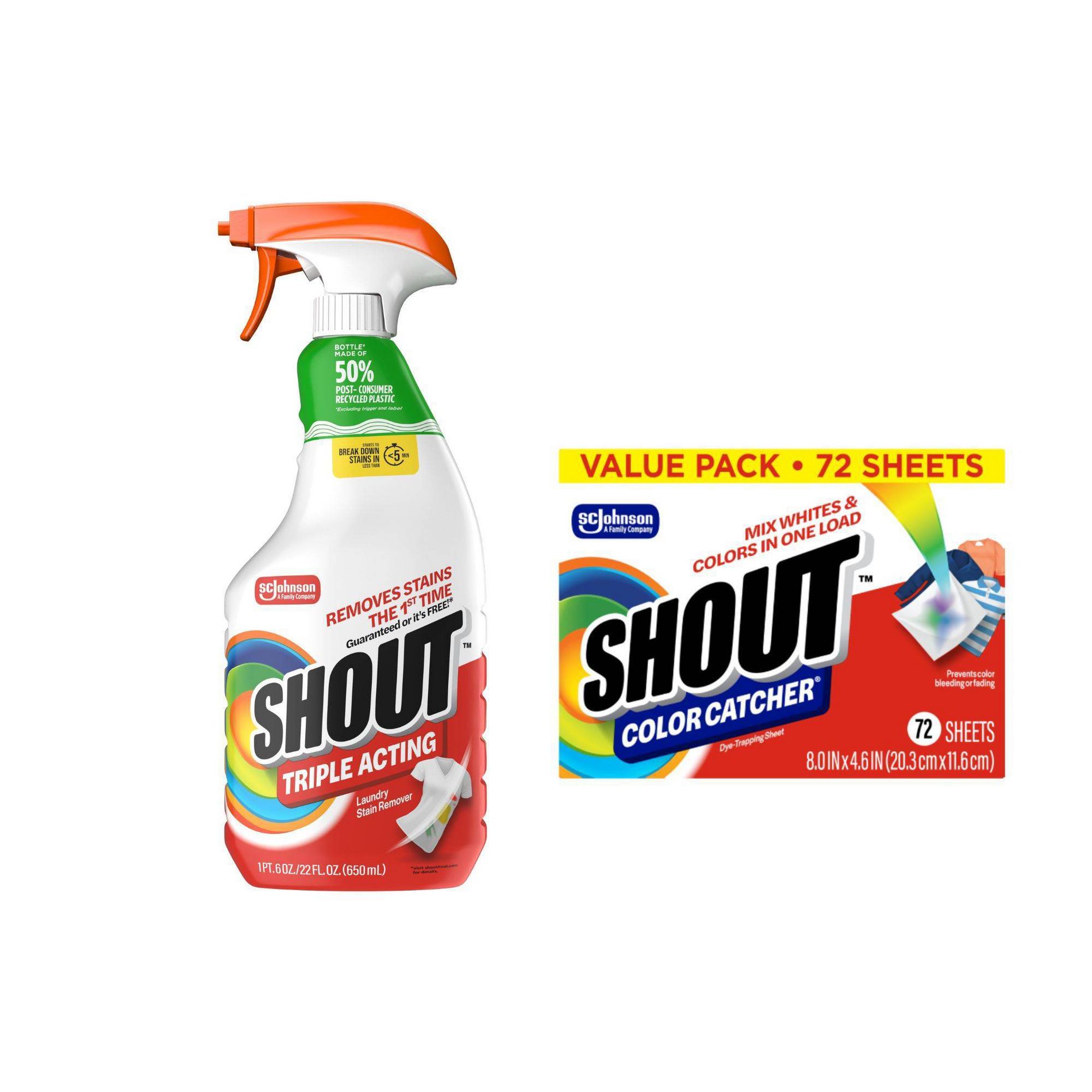 Shout Triple-Acting Laundry Stain Remover Spray 22 fl oz + 72ct Color Catcher Dye Trapping Laundry Sheets