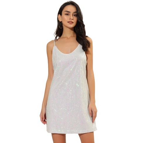 Allegra K Women's Glitter Sparkle Adjustable Prom Strap Mini Sequin Dress  White with Pinks X-Large