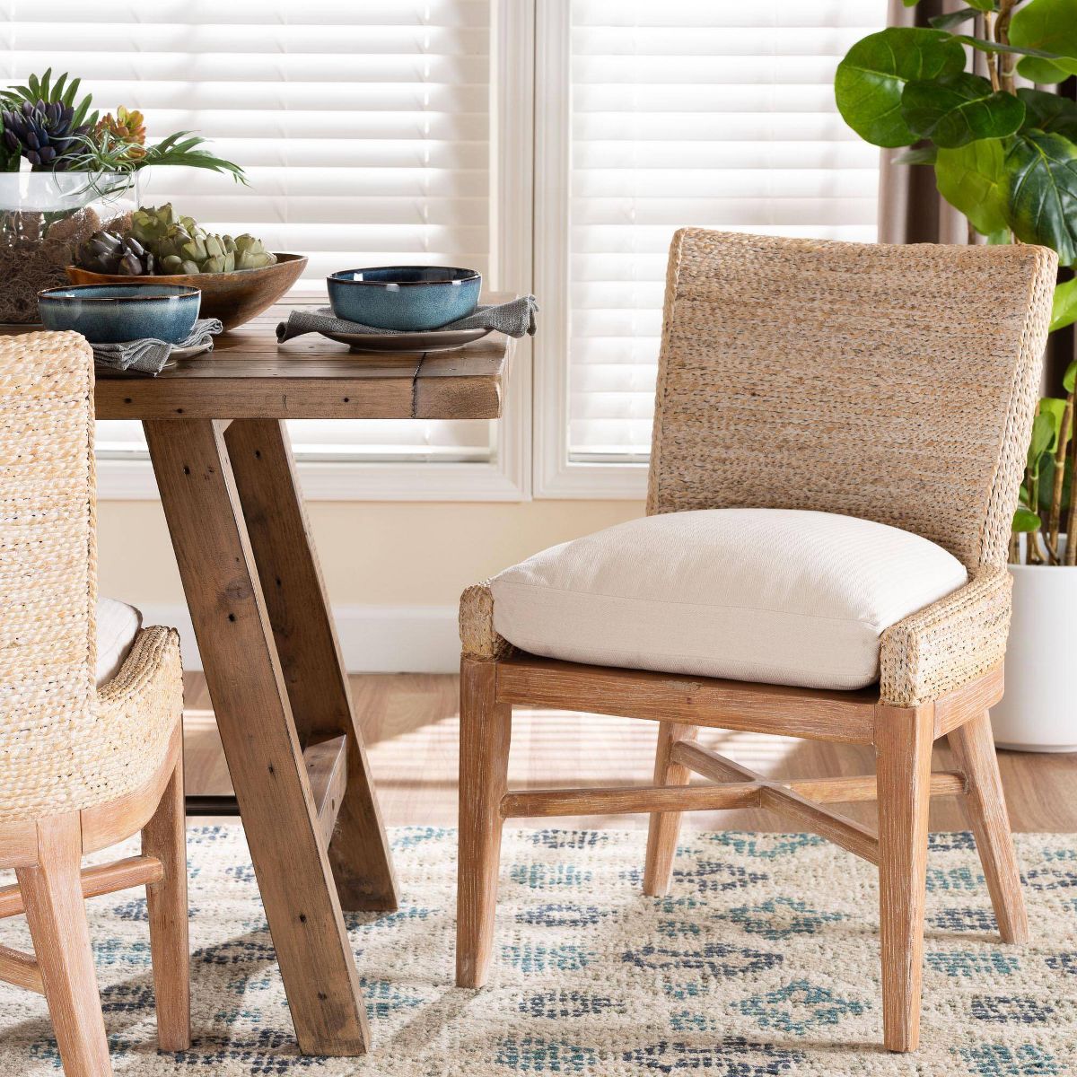 bali & pari Ridley Seagrass Dining Chair with Mahogany Wood Frame White Wash - thumbnail 2