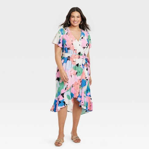 Women's Flutter Short Sleeve Midi Wrap Dress - Ava & Viv™ Abstract Floral 2X