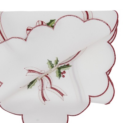 Ivory Embroidered Christmas Table Runner with Holly and Ribbon Design