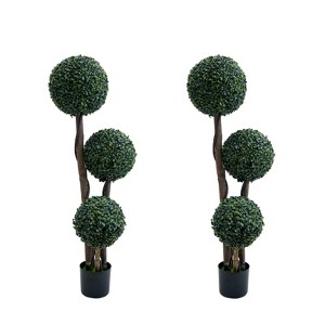 Set of 2 Topiary Trees Artificial Outdoor,45 Inch Milan Grass Ball Topiary Trees Boxwood Ball Trees Triple Balls for Porch, Home, Garden Decor - 1 of 4