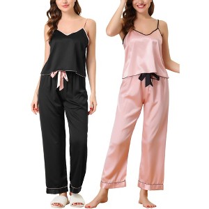 cheibear Women's Satin Silky Sleepwear Suspender Cami Top Long Pants Soft Pajama Set 2Packs - 1 of 4