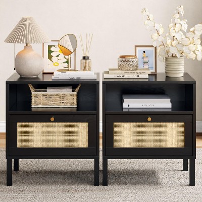Angel Sar Rattan Night Stand Set 2, Boho Black Nightstands Set of 2