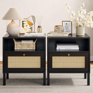 Angel Sar Rattan Night Stand Set 2, Boho Black Nightstands Set of 2 - 1 of 4