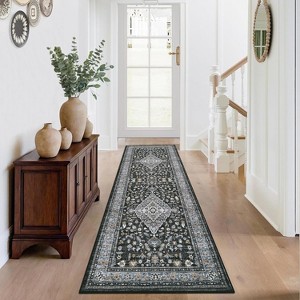 Vintage Floral Runner Rug - Washable Non-Slip Low Pile Hallway Carpet, Oriental Design Indoor Mat - 1 of 4