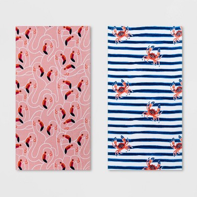 2pk Flamingo and Crab Striped Beach Towel Set Pink/Blue - Sun Squad™