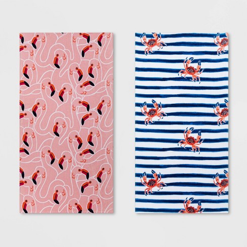 2pk Flamingo And Crab Striped Beach Towel Set Pink Blue Sun Squad Target