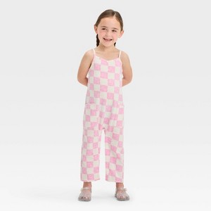 Grayson Mini Toddler Girls' French Terry Checkerboard Printed Jumpsuit - Pink - 1 of 3