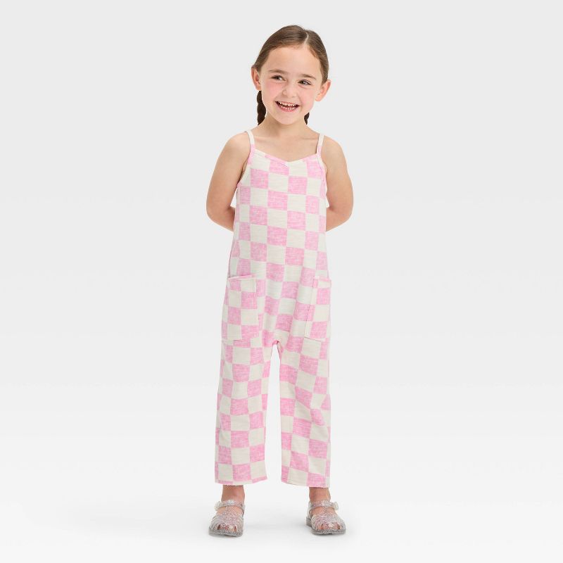 Grayson Mini Toddler Girls' French Terry Checkerboard Printed Jumpsuit - Pink, 1 of 4