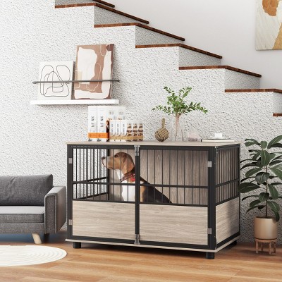 Wooden Dog Crate Furniture with 3 Doors Modern Indoor Dog Kennel End Table for Small to Large Dogs - LAOTIES