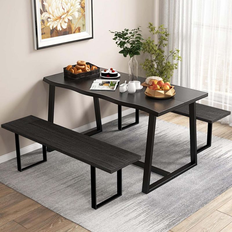 Costway 63" Large Dining Table for 4-6 People with Wavy Edge Heavy-duty Metal Frame Coffee/Black, 2 of 11