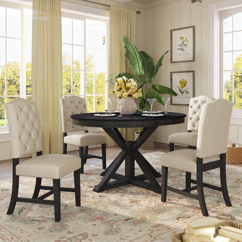 5 PCS Extendable Wood Dining Table Set with Round Table and 4 Upholstered Chairs Re-ModernLuxe, 1 of 12