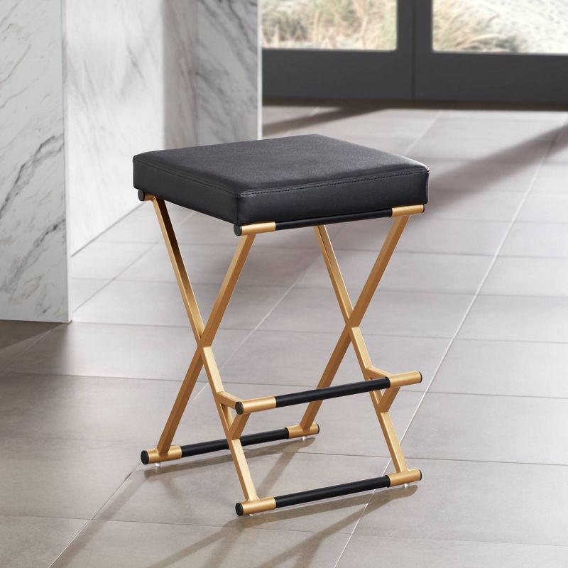 55 Downing Street Metal Bar Stool Gold 25" High Mid Century Modern Black Faux Leather Cushion with Footrest for Kitchen Counter Height Island Home, 2 of 10