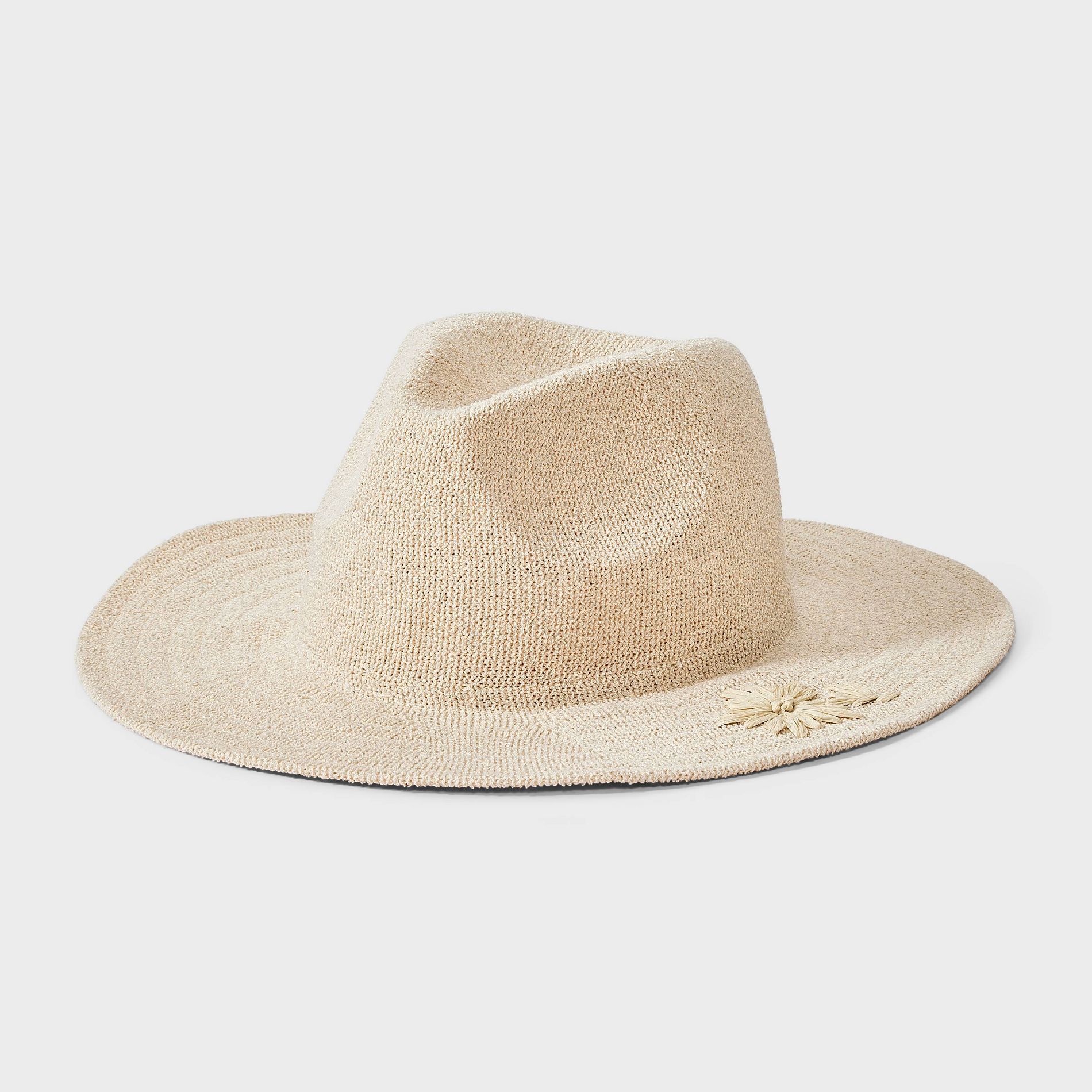 Straw Knit Fedora with Flower Embroidery Detail - Universal Thread™ Natural