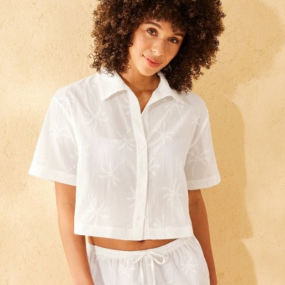 Women's Palm Embroidered Button-Up Short Sleeve Cover Up Top - Shade & Shore™ White