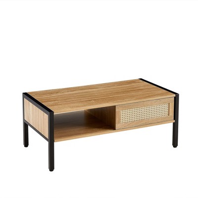 NicBex Modern 40.16" Rectangle Coffee Table with Rattan Woven Door Panels and Metal Legs for Living Room and Office