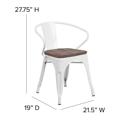 Modern Rustic White Metal Bistro Chair with Wood Seat and Arms