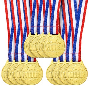 Juvale 12 Pack Gold Winning Participation Medal Awards for Contests with Neck Ribbon for Sports, Competitions, Olympic Style, Metal, 1.5 In - 1 of 4