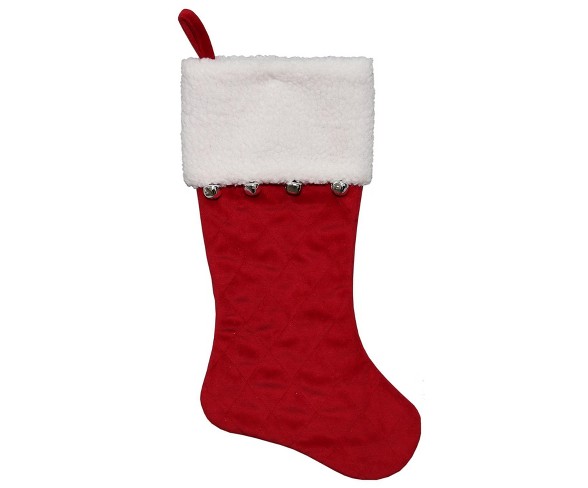 Dyno 20.5" Red Velvet Quilted Silver Jingle Bell Decorative Christmas Stocking with Sherpa Cuff
