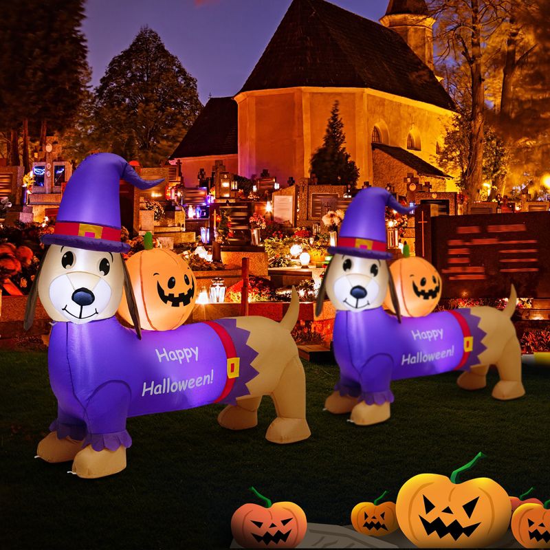 Tangkula 5FT Long Halloween Inflatable Dachshund Dog Blow Up Outdoor Wiener Dog w/Pumpkin & Witch Hat Cute Inflatable Dog Decoration Prop w/LED Lights, 4 of 11